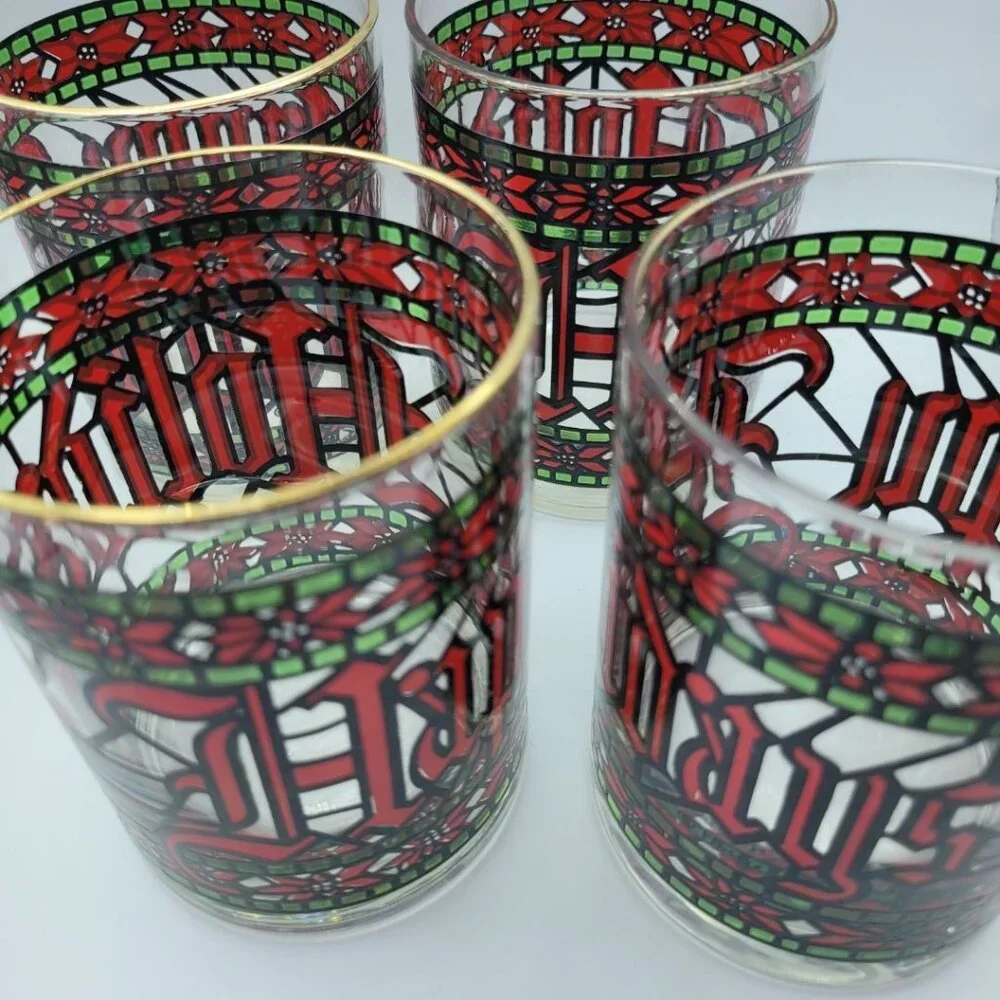 Houze Happy‎ Holidays Stained Glasses Cups Red Green Gold Poinsettia Christmas